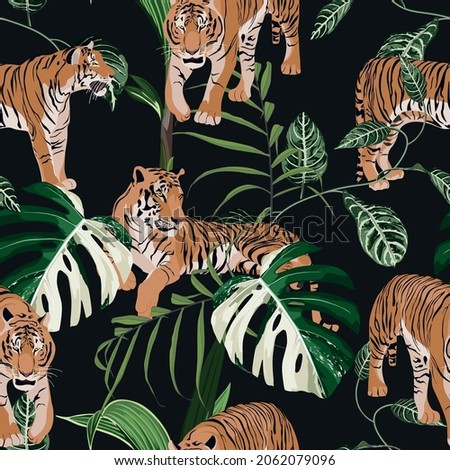 Exotic animal tiger in the jungle pattern vintage black background illustration seamless pattern. Trendy composition beach wallpaper.	