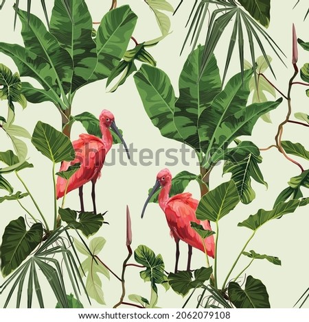 Birds Scarlet Ibis in the thickets of a flowering rainforest. Hand drown  illustration. Royalty-Free Stock Photo #2062079108