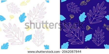 Seamless set of leaves pattern set on white and blue background.Pattern for print,card,paper,wrap,towel,curtains, blankets, fabric or another design