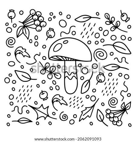 Boletus edulis mushroom set with leaves and berries in black color isolated on a white background for autumn or thanksgiving cards, t-shirt design, coloring page. Vector illustration