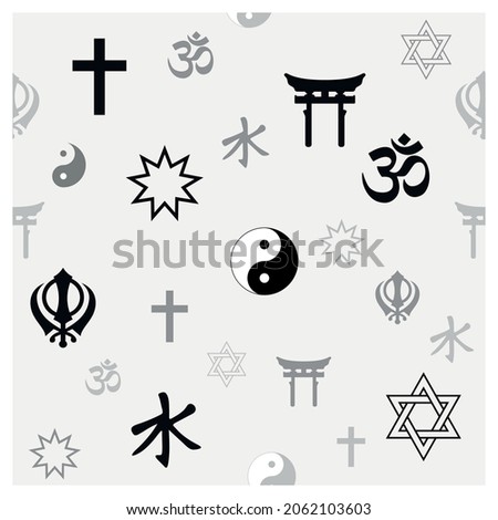 World religion symbols. Signs of major religious groups and religions. Christianity, Islam, Hinduism, Buddhism, Bahaism, Judism, Taoism, Shinto, Sikhism and Judaism, with English labeling. 