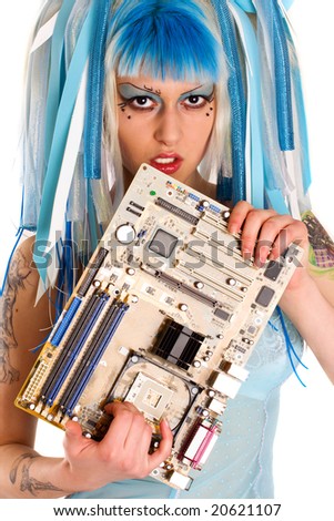cyber gothic girl holding mainboard in the hand. Hi key