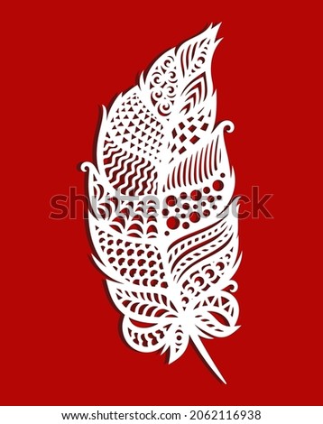 Carved lace feather. Decorative element with ornament, ethnic pattern, curls. Layout for plotter laser cutting of paper, plastic, wood, metal engraving, cnc. White object on a red. Vector illustration