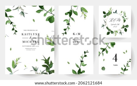 Herbal minimalist vector frames. Hand painted branches, leaves on white background. Greenery wedding simple invitations. Watercolor stylish botanic cards. All elements are isolated and editable Royalty-Free Stock Photo #2062121684