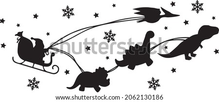 Santa flying on a sleigh with dinosaur. Dinosaur Sleigh Ride Vector Illustration on White Background. Merry Christmas. Happy New Year. Vector illustration for holiday cards.