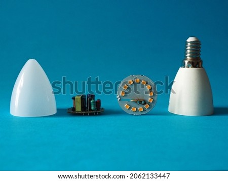 Led bulb components. Low power consumption led lamp. Electronics component recycling