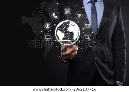 Business man hiold, use,press infographic icon of community technology digital.Concept of hi tech and big data. Global connection.IoT Internet of Things . ICT Information Communication Network