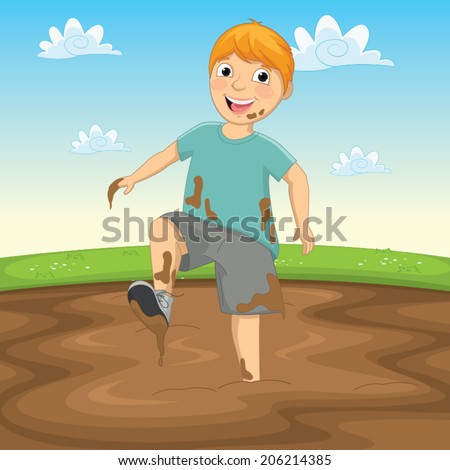 Vector Illustration Of A Kid Playing in the Mud