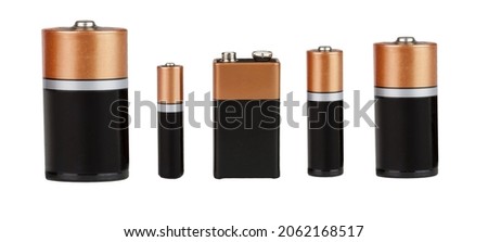 Many Different batteries, type AAA, AA, PP3, C, D,  white background, isolated  Royalty-Free Stock Photo #2062168517