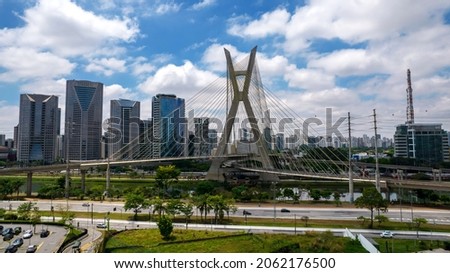 Estaiada's bridge aerial view in Marginal Pinheiros, São Paulo, Brazil. Business center. Financial Center. Famous cable stayed (Ponte Estaiada) bridge Royalty-Free Stock Photo #2062176500