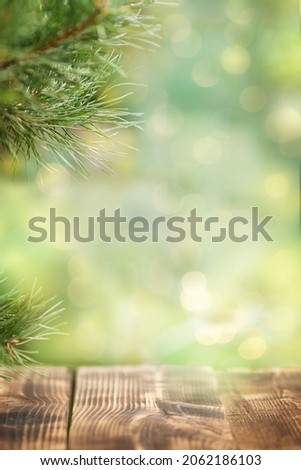 BRANCH OF THE CHRISTMAS TREE ABOVE THE WOODEN SURFACE. CHRISTMAS BACKGROUND WITH HIGHLIGHTS IN THE BACKGROUND.