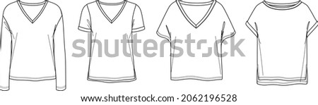 Vector V-neck long sleeved top fashion CAD, woman 4 peaces set t shirt  technical drawing, short sleeved top with side slits flat, template, sketch. Jersey blouse with front, back view, white color Royalty-Free Stock Photo #2062196528