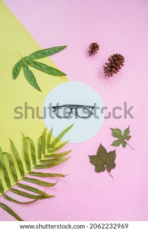 top view. square glasses, green leaves, dry leaves. pine flowers on a pastel color background
yellow and pink.