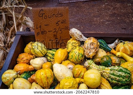 A  group of colorful gourds in a box on a farm with a for sale sign..