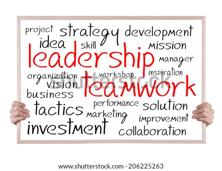 leadership teamwork and other related words handwritten on whiteboard with hands