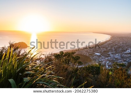 From the summit of Mount Maunganui at daybreak foreground flax catching golden glow of rising sun, distant horizon and long leading coastline of Bay of Plenty, New Zealand. Royalty-Free Stock Photo #2062275380