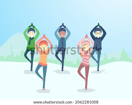 Illustration of Man and Woman Wearing Jacket, Bonnets, and Gloves Doing Winter Group Yoga Outdoors