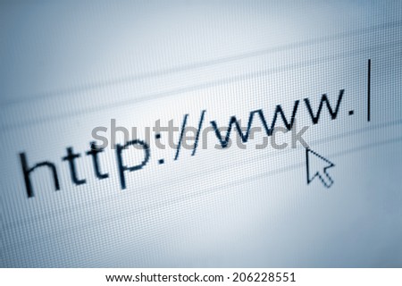 cursor pointing at http www text in browsing browser address bar, arrow pointer, soft macro web url link page closeup Royalty-Free Stock Photo #206228551
