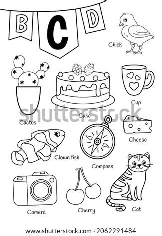 English alphabet with cartoon cute children illustrations. Kids learning material. Letter C. Illustrations cake, cactus, cat, compass, cup, camera, cheese, clown fish. Outline collection.
