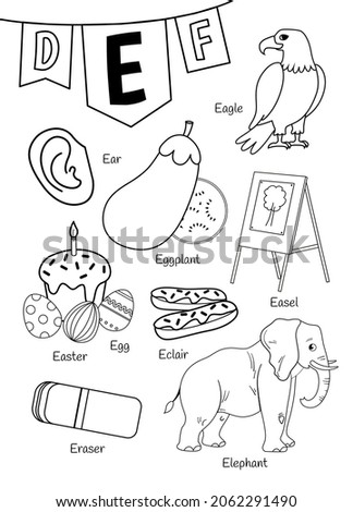 English alphabet with cartoon cute children illustrations. Kids learning material. Letter E. Illustration,eagle, elephant, easter eraser, easel. Outline collection.
