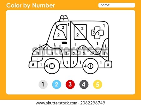 Color by number worksheet for kids learning numbers by coloring vehicles transportation ambulance