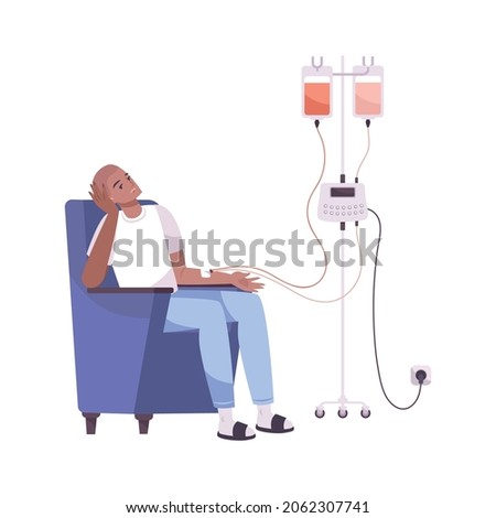 Oncology flat composition with human character of patient sitting in armchair with dropping tube vector illustration