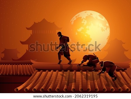 Vector illustration of the ninjas are sneaking up on the roof top to carry out a secret mission Royalty-Free Stock Photo #2062319195