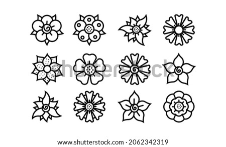 icon line Set of floral elements,Vector flowers black outline collection, line art flowers for design
