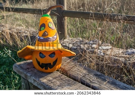 Pumpkin With Witch Hat. Halloween Background. Image With Copy Space