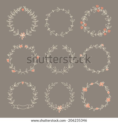 Set of 9 hand drawn wreaths. EPS 10. No transparency. No gradients.