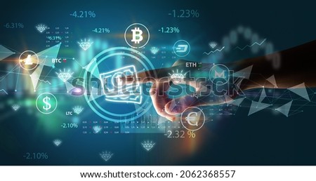 Business person hand pushing currency symbol on multimedia touch screen