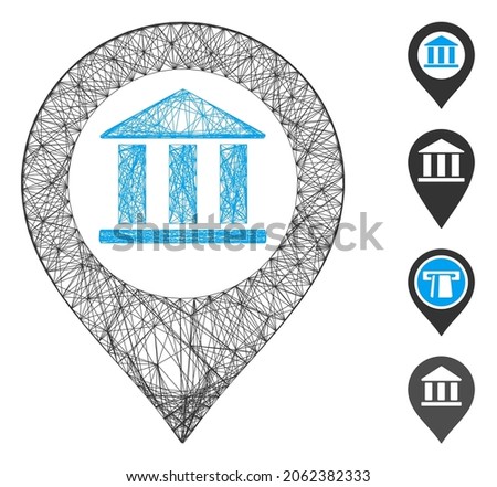 Vector wire frame bank building pointer. Geometric wire frame flat network generated with bank building pointer icon, designed with intersected lines. Some bonus icons are added.