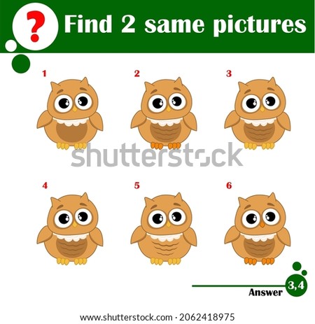 Educational game for children. Find two same pictures. Set of cute owls. Cartoon vector illustration for children