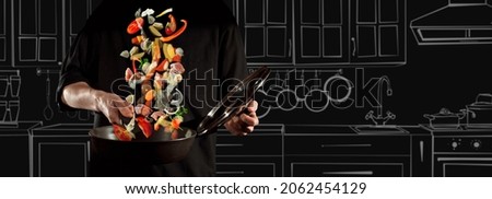 Vegetables on the background of a blurred kitchen. The photo is combined with the illustration. Chef on the background of interior of the kitchen. Man in a black shirt on a dark background.