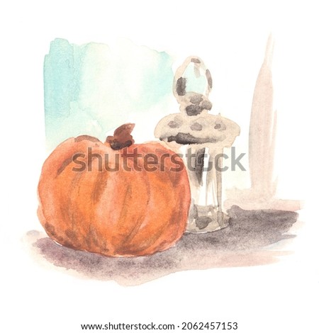 Pumpkin and lantern. A hand-drawn sketch in watercolor.