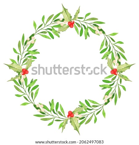 Winter eucalyptus wreath with mistletoe clipart. Watercolor Christmas decorated floral garland digital paper. Perfect for wrapping paper, textile, card logo, wallpaper, nursery and wedding invite.