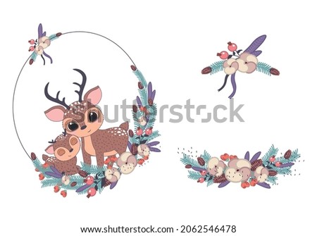 Set of Merry Christmas and New Year frames with Pine Wreath, Mistletoe, Winter plants. Cute mother with baby reindeer in Christmas wreath. Vector illustration for greetings, invitation, flyers. 