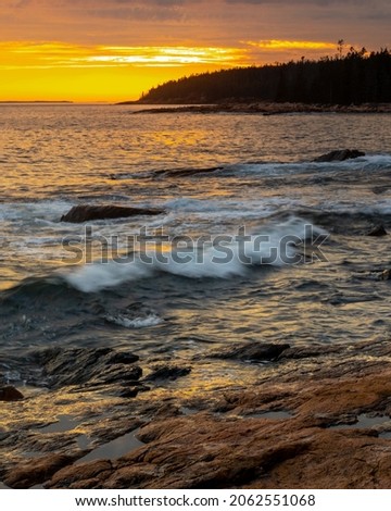 Acadia National Park, ME - USA - Oct. 13, 2021: Sunset vertical view of Ship Harbor at Acadia National Park in the Fall. View of surf hitting rocks as sun sets.