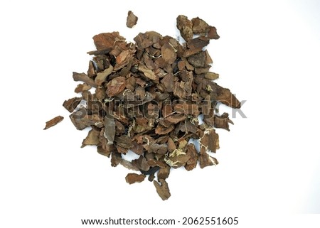 Substrate and soil for orchids on a white background top view. Chopped tree bark for indoor flowers. Substrate based on Scots pine or pine bark with the addition of expanded clay and charcoal  Royalty-Free Stock Photo #2062551605