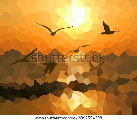 Abstraction flying seagulls at sunset. Vector illustration