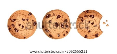 Cookies with chocolate crisps. Cookie crumbs, bitten cookie. Vector illustration.