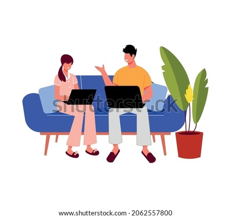 Freelance people work composition with characters of man and woman sitting on sofa with their laptops vector illustration