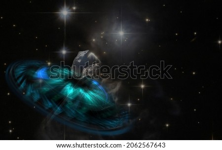 Abstract space wallpaper. UFO around meteorite over stars and cloud fields in outer space. Mesh lines. Mixed media art. Elements of this image furnished by NASA.
