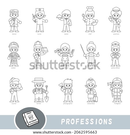 Black and white set of professions. Visual dictionary for children about professional occupation. Cartoon set of characters