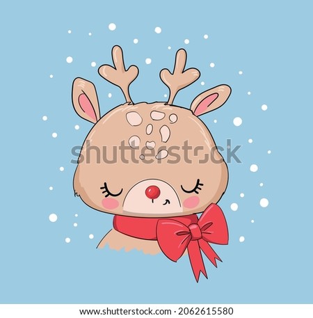 Hand Drawn Cute Little Deer and bow. children print on t-shirt. Vector christmas illustration