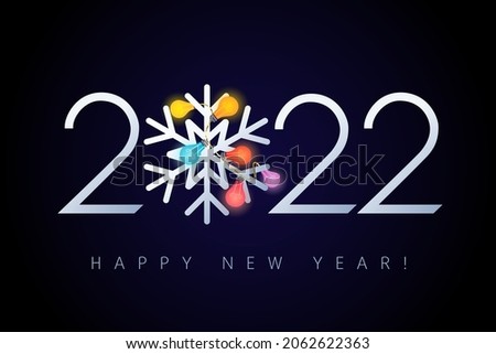 2022 happy new year design, snowflake and colored garland. Elegant cover background with colorful lights and logo 2022. Vector Illustration for banner, cover, card, branding