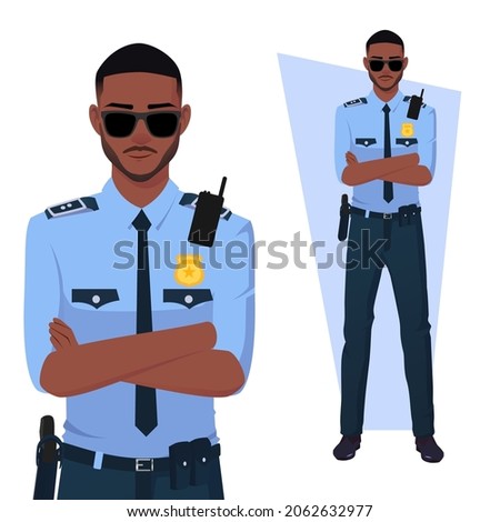 Policeman With Arms Folded, Wearing Uniform and Sunglasses Premium Vector Royalty-Free Stock Photo #2062632977
