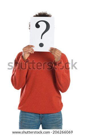Young Man With Question Mark Signboard Isolated On White Background