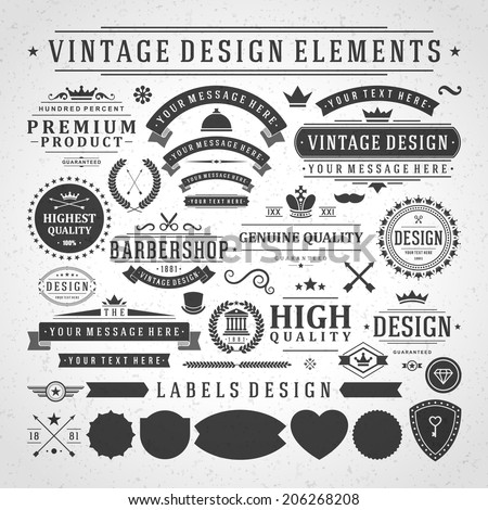 Vintage vector design elements. Retro style golden typographic labels, tags, badges, stamps, arrows and emblems set.  Royalty-Free Stock Photo #206268208