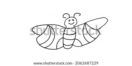 Black line cartoon bee flying on a white background.